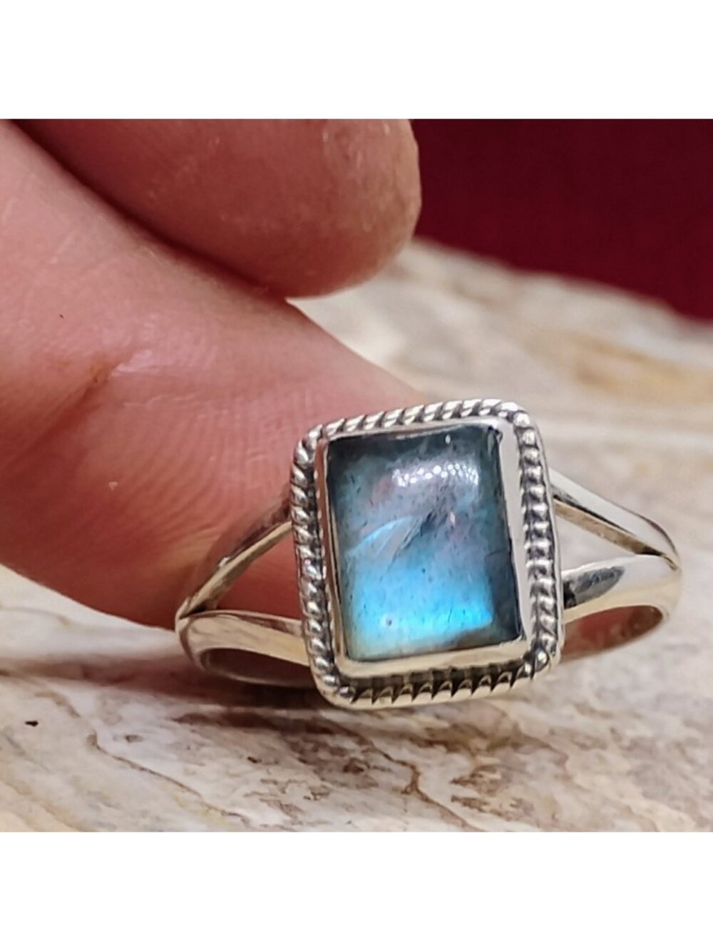 Sterling Silver Labradorite Ring Size 10 Rectangle Stone